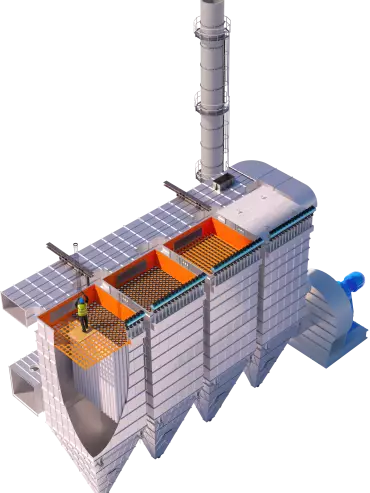 Schéma technique détaillant la structure et les pièces de rechange d’un filtre à manches industriel.