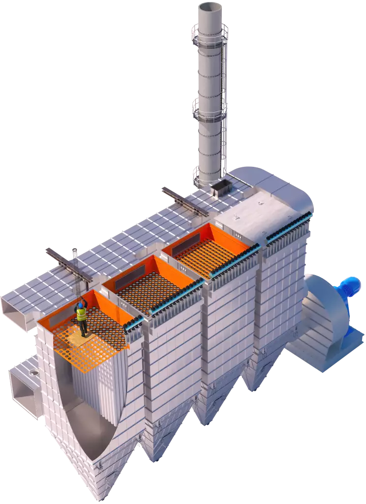 Schéma technique détaillant la structure et les pièces de rechange d’un filtre à manches industriel.